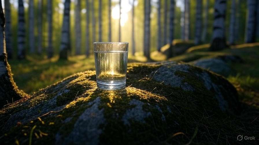 A clear glass filled with water rests on a mossy rock in a sunlit forest, surrounded by tall trees and soft greenery.