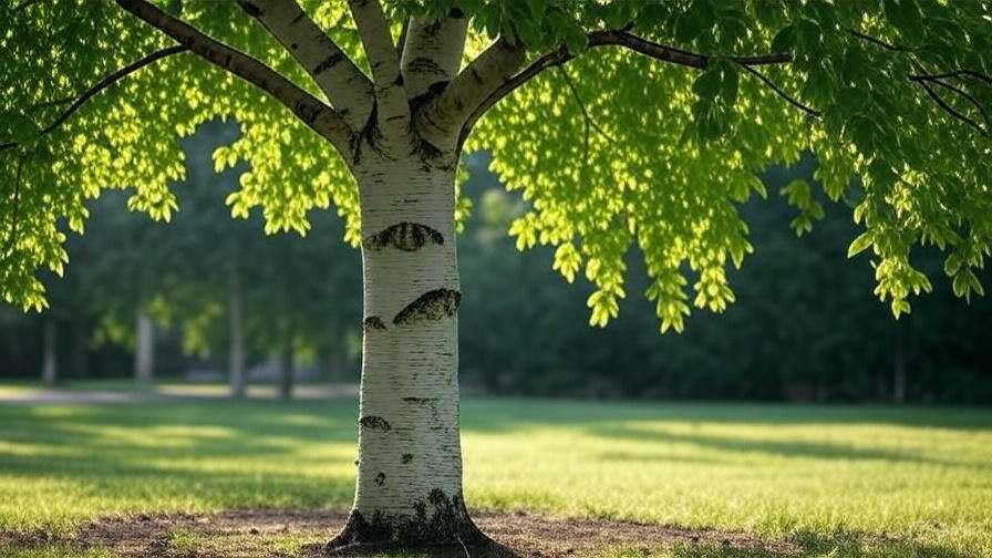 A sunlit birch tree with lush green leaves, standing in a grassy area surrounded by softly blurred trees in the background.