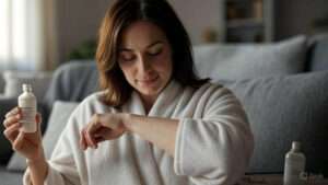 A woman in a white robe applies a product from a bottle to her wrist while seated on a cozy couch.