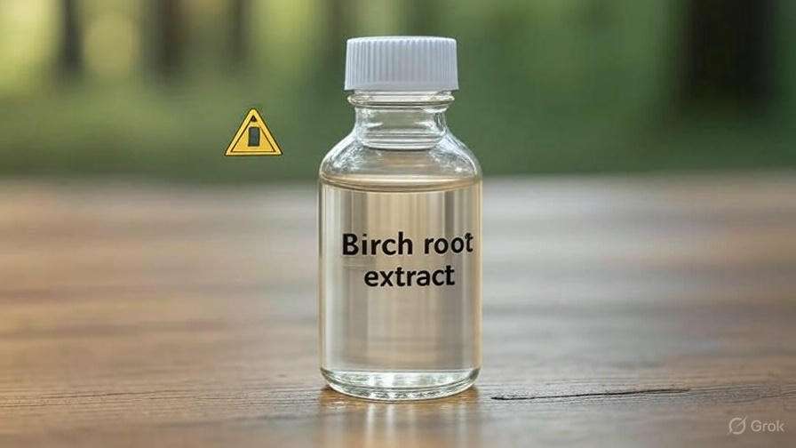 A clear bottle of birch root extract with a warning symbol, resting on a wooden surface, against a blurred natural background.