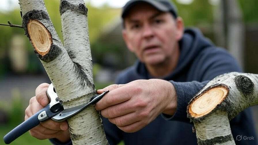 A person uses pruning shears to trim a branch on a tree, showcasing careful gardening techniques in a lush green environment.