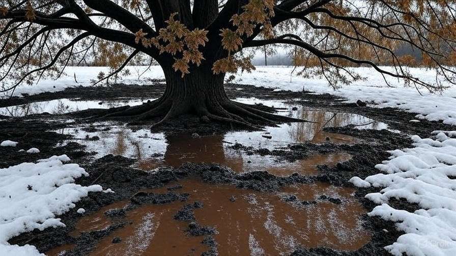 A large tree stands over muddy ground with patches of snow, reflecting a peaceful yet stark winter landscape.