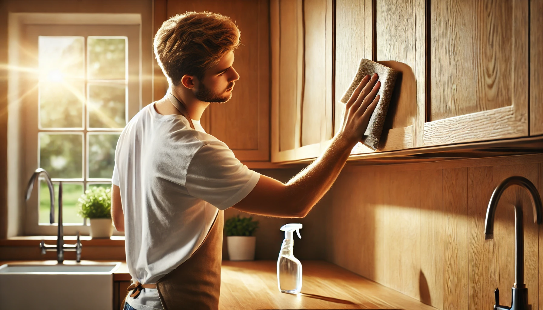 A person in a kitchen wipes wooden cabinets with a cloth, sunlight streaming through a window, illuminating the cozy space.
