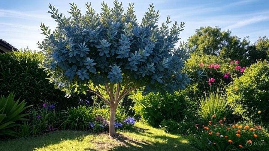 A lush garden features a vibrant blue-leaved tree surrounded by colorful flowers and greenery under a clear blue sky.