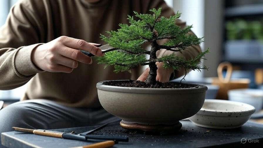 A person carefully trims a small green bonsai tree in a ceramic pot using scissors. The scene conveys a calm and focused atmosphere, highlighting artistry.