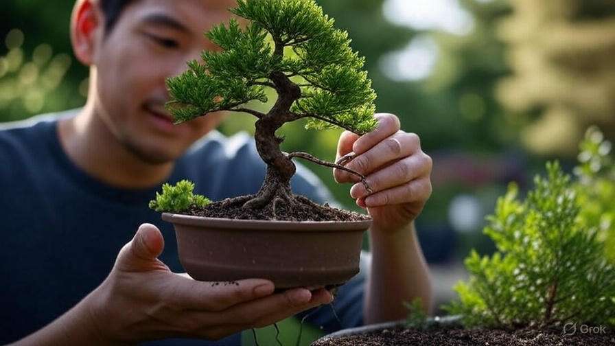 A person carefully prunes a bonsai tree in a pot, surrounded by vibrant greenery in a serene outdoor setting.