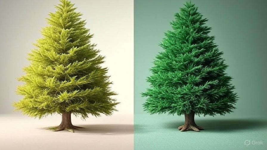 Split image of two fir trees; left is light green with a warm background, right is deep green against a cool background, highlighting contrast.