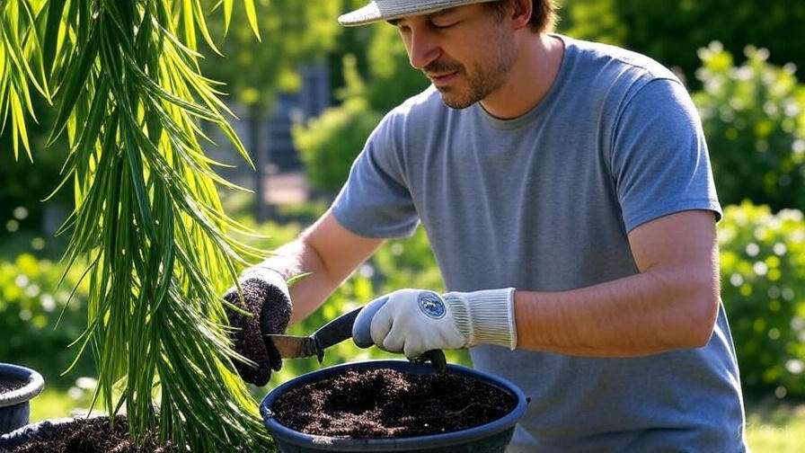 A man in a gray t-shirt and gloves is gardening outdoors, planting in a pot beside a tall, leafy plant. The scene conveys a calm, focused mood.