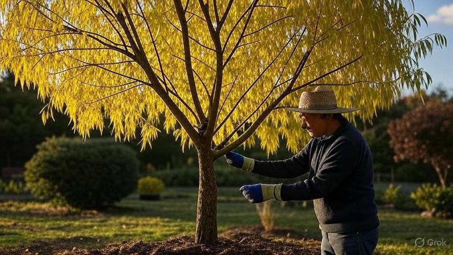A person in a straw hat and gloves inspects a small tree with vibrant yellow leaves in a sunlit garden, creating a serene and focused atmosphere.