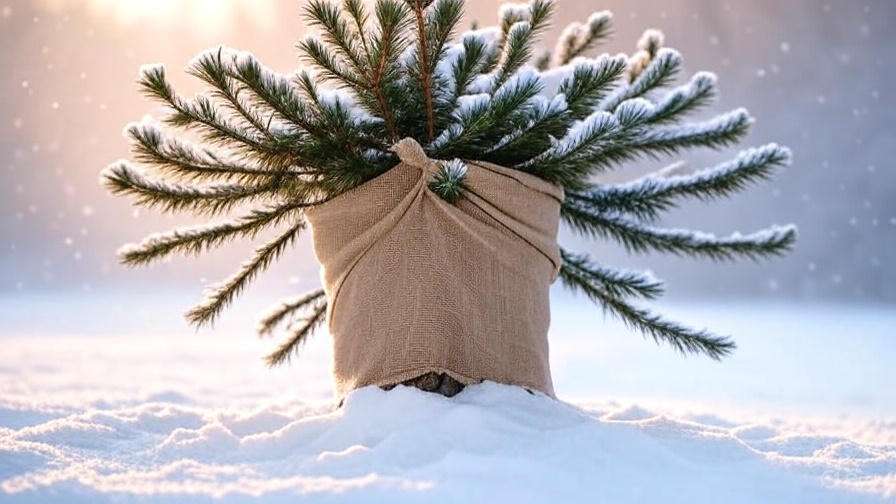 A small evergreen tree wrapped in burlap sits on a snowy ground, surrounded by softly falling snowflakes in a serene winter landscape.