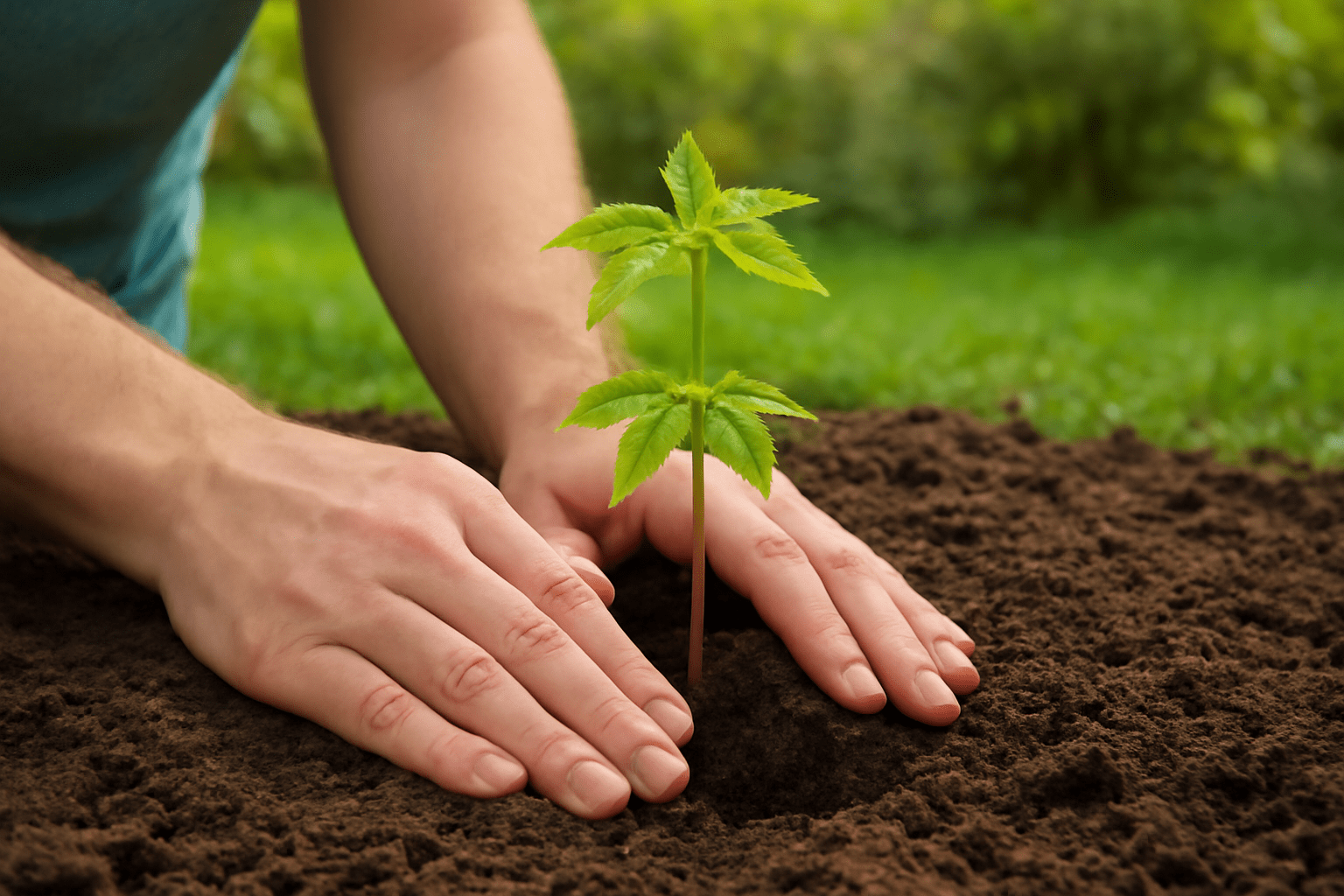 A person gently planting a small green seedling in rich, dark soil, hands carefully surrounding it, with a blurred garden background.