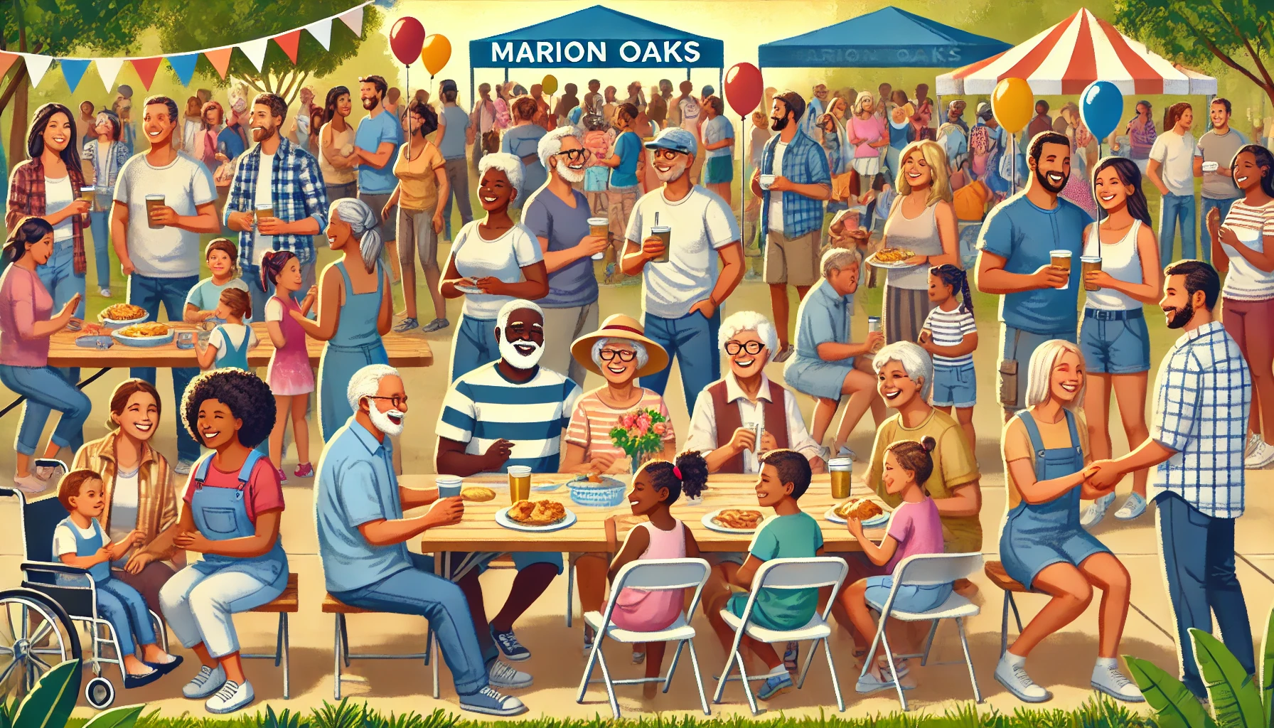 A lively community gathering at Marion Oaks, featuring families and friends enjoying food, drinks, and each other's company under colorful decorations.