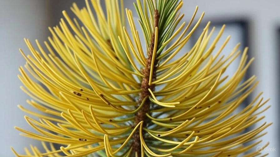 A close-up of a unique conifer with long, slender yellow and green needles, creating a striking visual display.