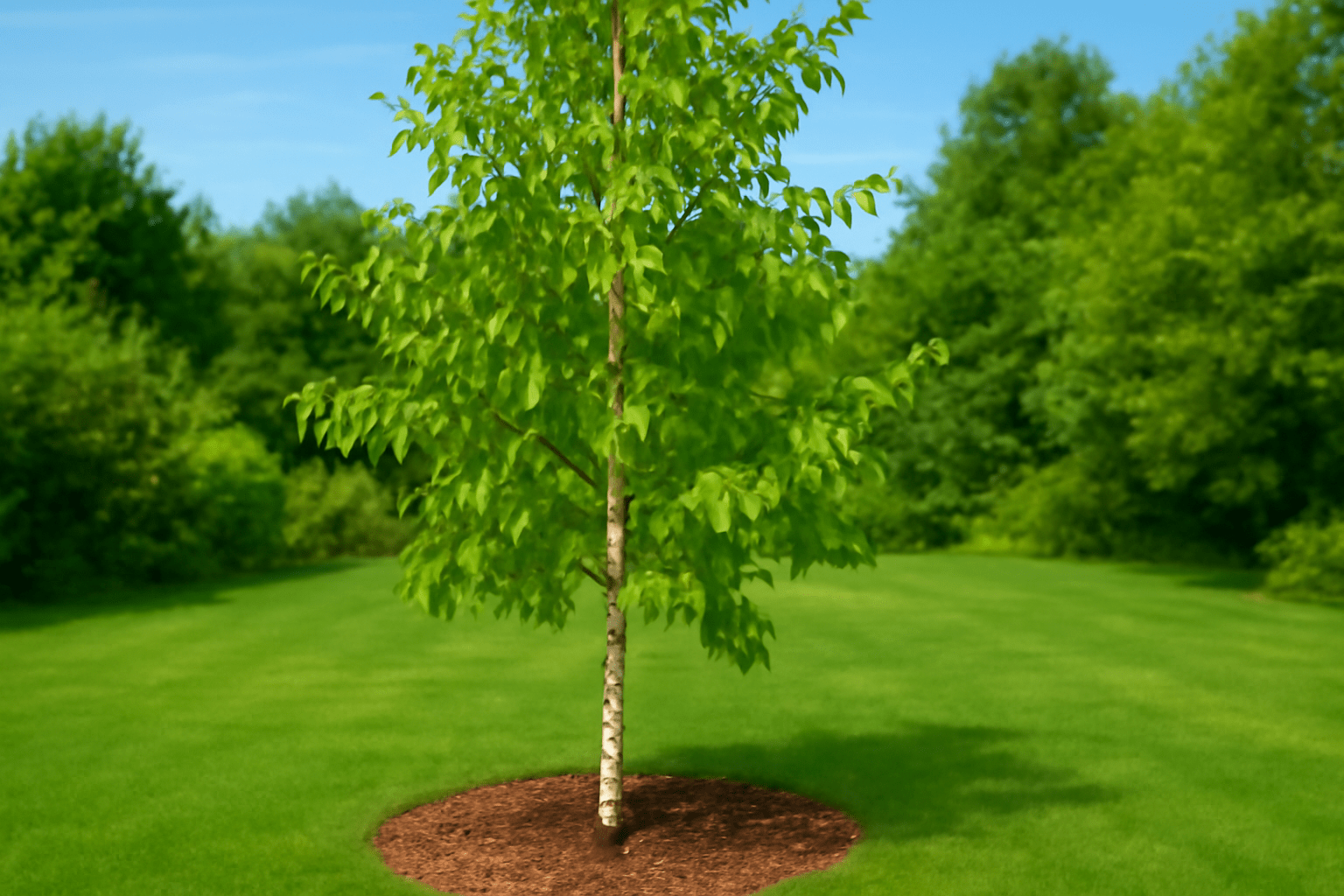 A vibrant green tree with lush leaves stands alone on a manicured lawn, surrounded by dense greenery under a clear blue sky.