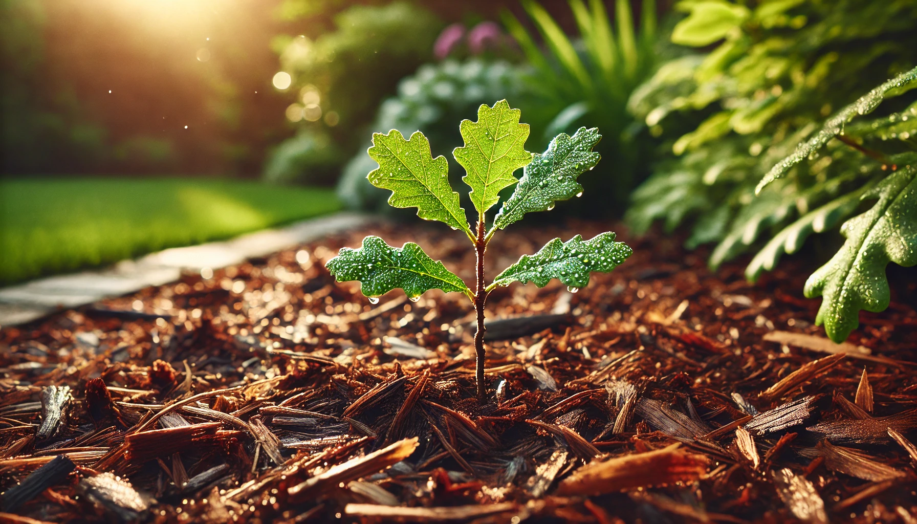 A young oak sapling with dew-covered leaves grows from rich mulch, illuminated by warm sunlight in a vibrant garden setting.