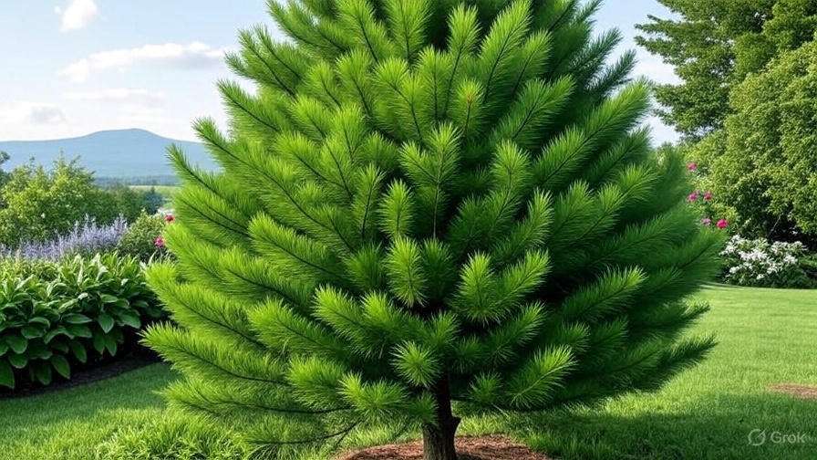 A lush, green coniferous tree stands prominently in a bright garden, with mountains and blue sky in the background.