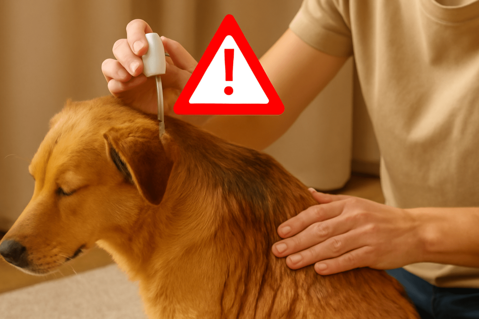 Person applying flea treatment to a calm brown dog’s neck. A red warning symbol overlays the image, suggesting caution with the product.