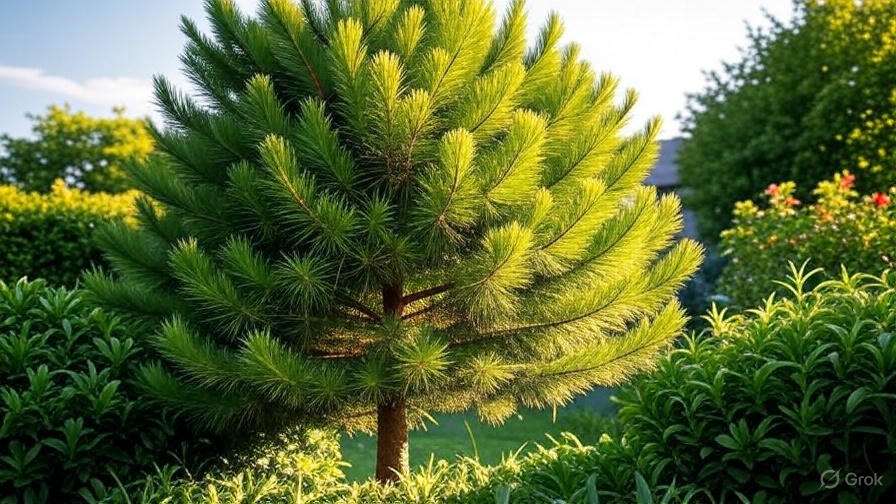 A lush, green conifer tree with layered branches stands surrounded by vibrant hedges, basking in warm sunlight.