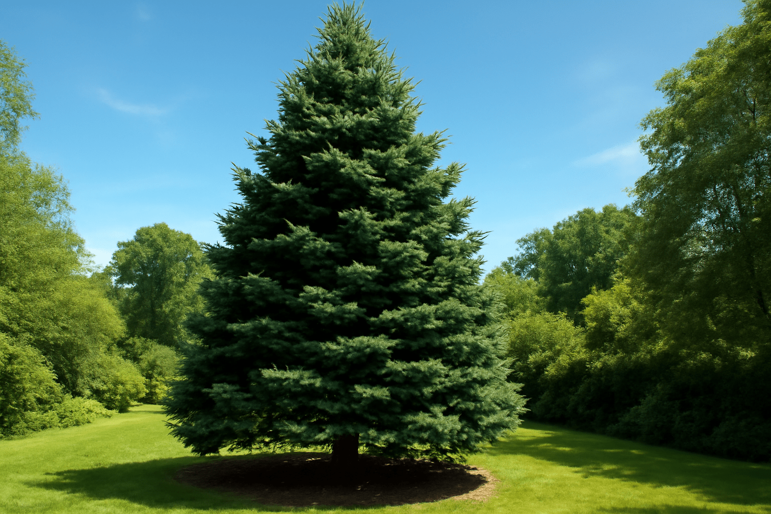 A lone evergreen tree stands tall on lush green grass, surrounded by dense foliage and under a clear blue sky, conveying tranquility and natural beauty.