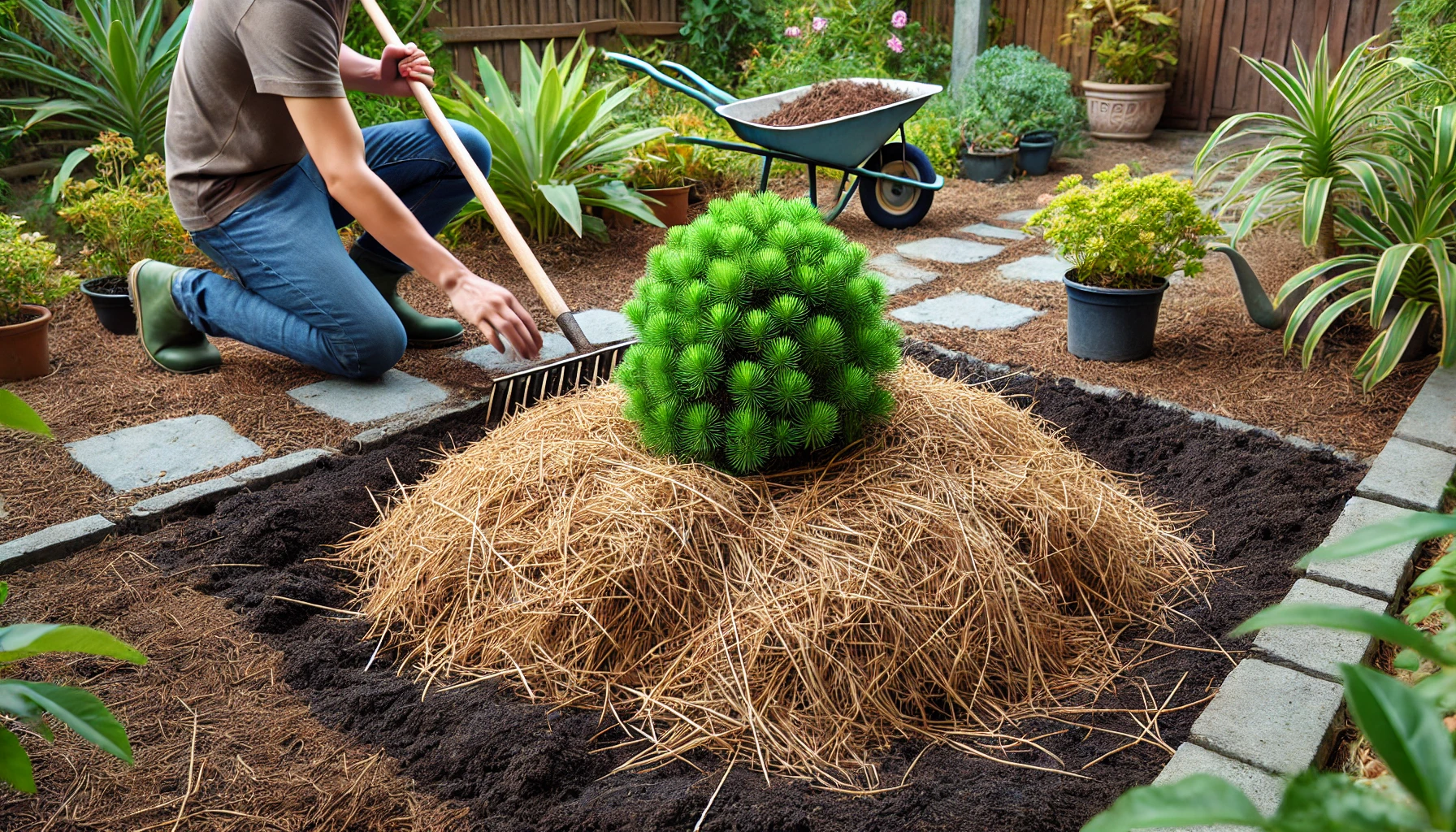 A person rakes straw around a vibrant green bush in a garden, with flowers and plants in pots in the background. A wheelbarrow is nearby.