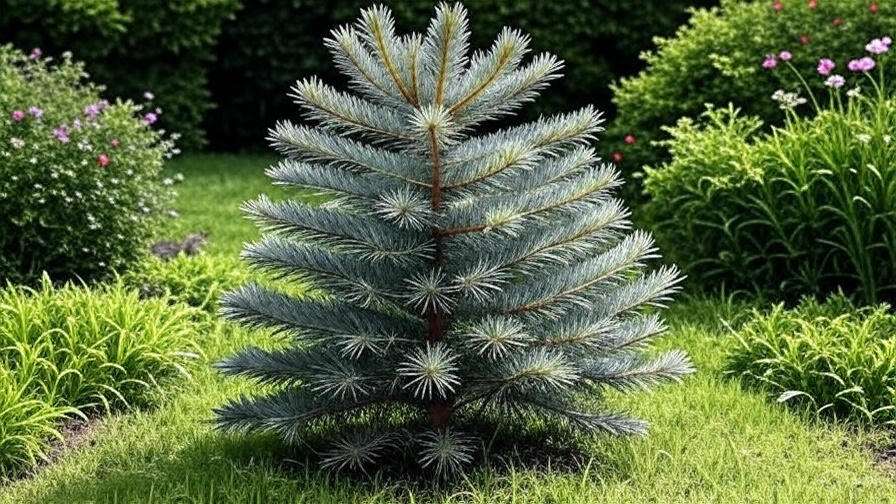 A lush, blue spruce tree stands proudly in a vibrant garden, surrounded by green grass and colorful flowers.