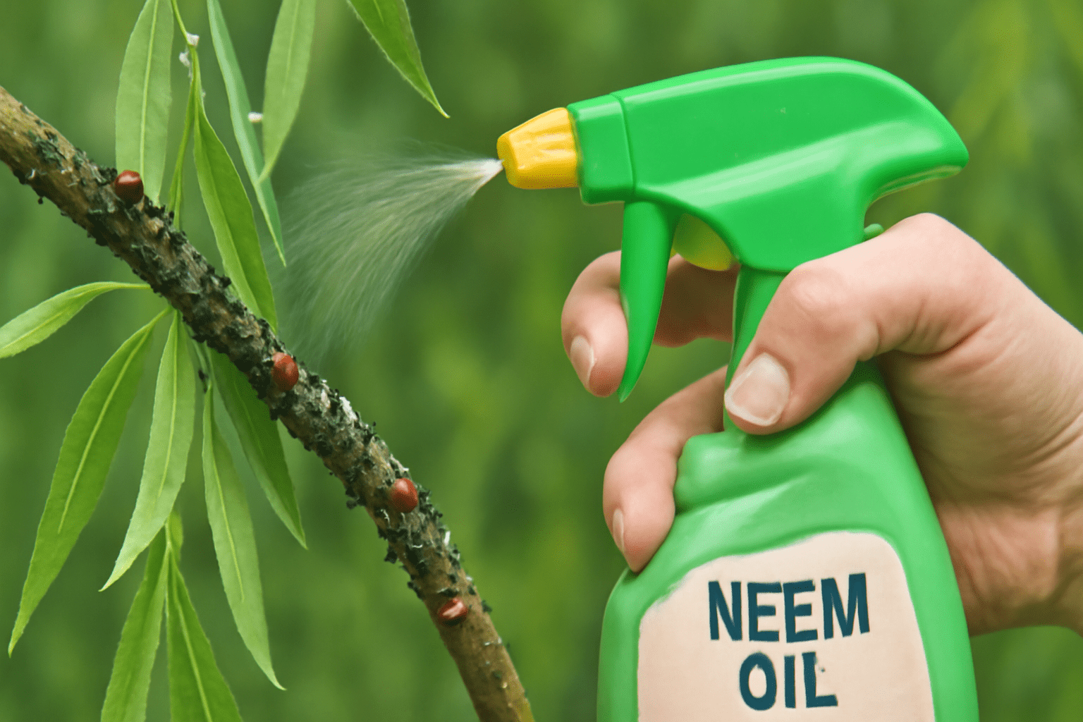 Illustration showing steps to use neem oil for effective mosquito control in a garden setting.