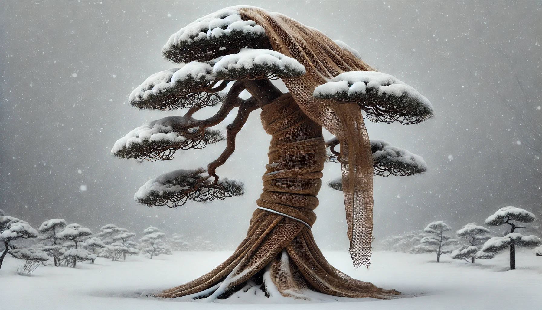 A snow-covered tree with a burlap cloth wrapped around its trunk, set against a tranquil, snowy landscape under falling snowflakes.