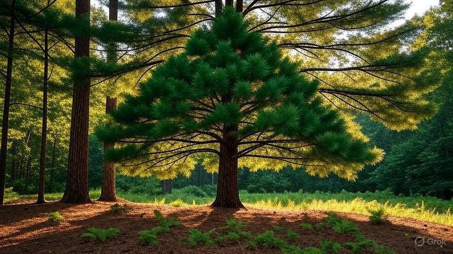 A lush green pine tree stands center stage in a sunlit forest, surrounded by tall trees and vibrant ferns on the forest floor.