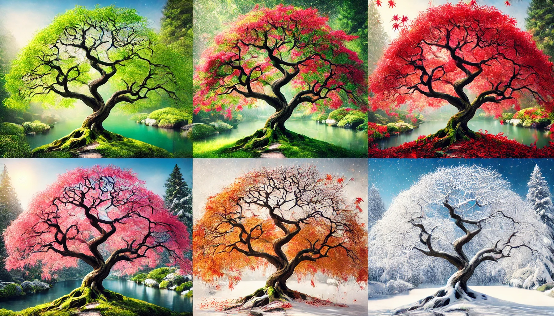 A collage of six vibrant trees, each representing different seasons: spring green, summer pink, autumn orange, and winter white.