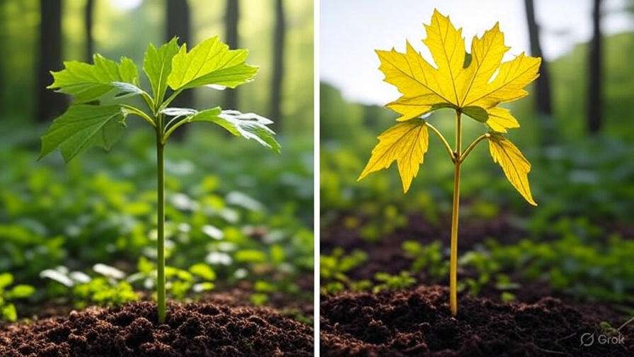 A comparison of two young maple saplings: one vibrant green and one golden yellow, both growing from rich brown soil in a sunlit forest.