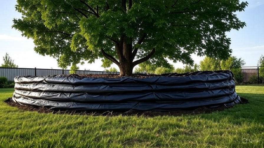 A tree surrounded by black erosion control barriers, with a circular shape and mulch inside, set in a grassy area under blue sky.