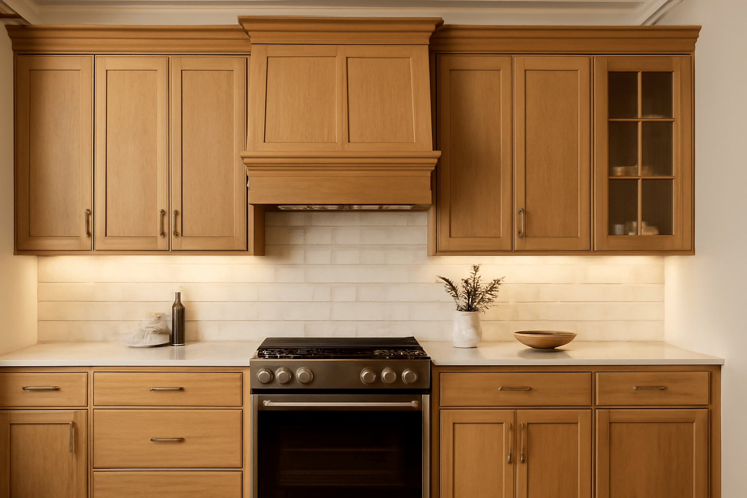 Modern kitchen with wooden cabinets, a stainless steel stove, white countertops, and minimalist decor, bathed in warm lighting.