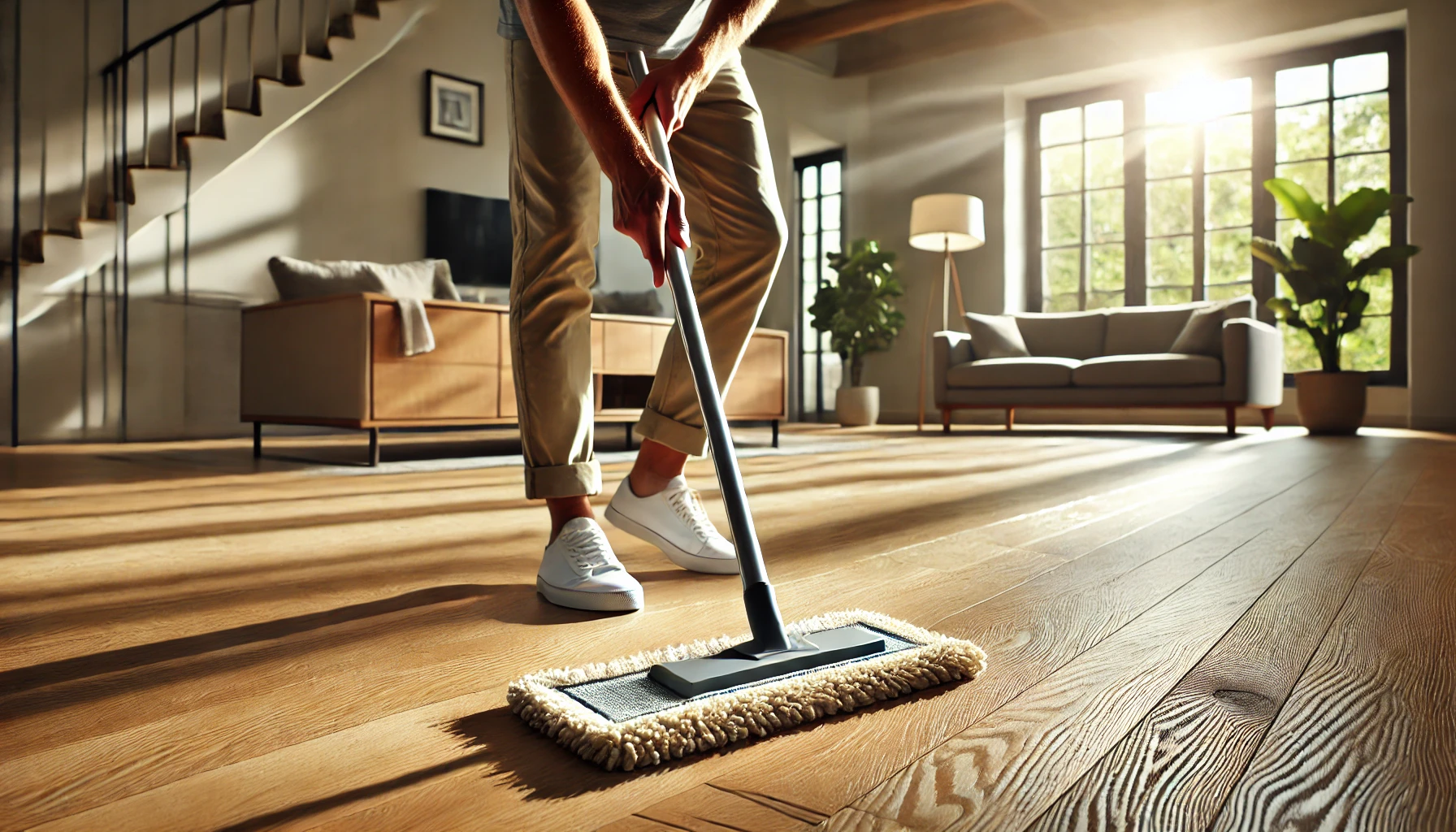A person mops a sunlit wooden floor in a stylish living room, with a couch, plant, and modern decor in the background.