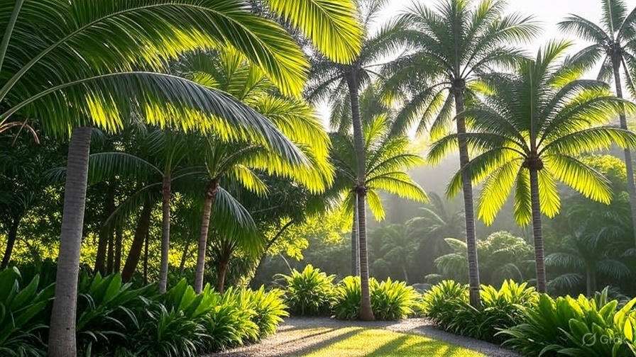 A serene pathway winding through a vibrant, lush green tropical forest filled with dense foliage and sunlight filtering through. 