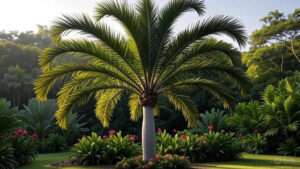 A palm tree is surrounded by a thriving garden, showcasing rich foliage and colorful blooms.