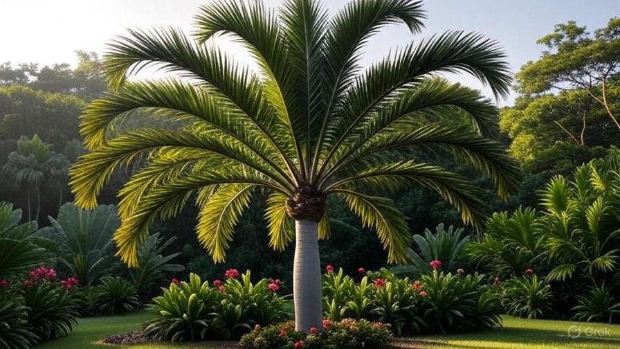 A palm tree is surrounded by a thriving garden, showcasing rich foliage and colorful blooms.