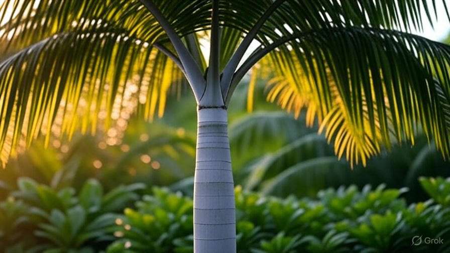 A palm tree with sunlight filtering through its leaves, creating a warm and inviting atmosphere.