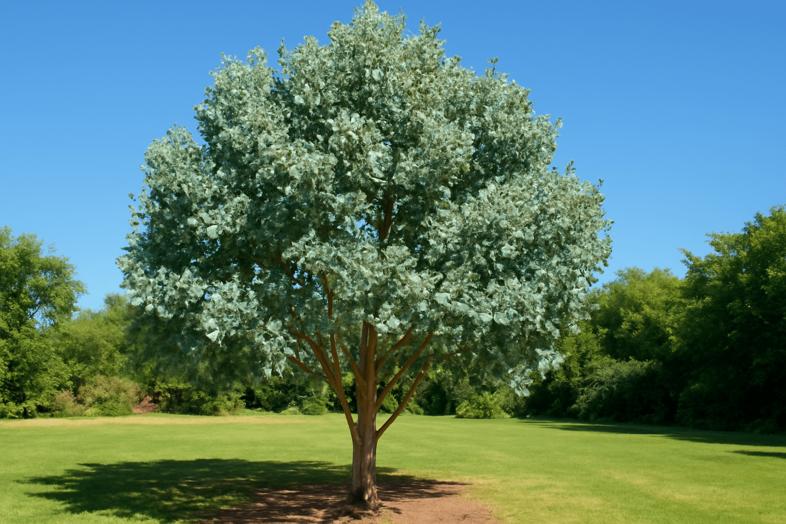 A healthy tree adorned with rich green leaves, providing shade in a tranquil natural environment.