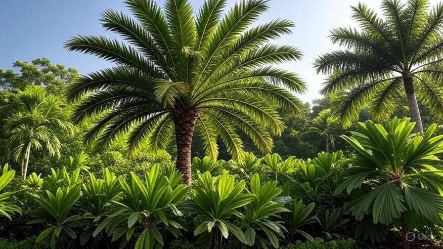 A palm tree stands tall as the sun shines through its leaves, illuminating the scene with a golden glow. 