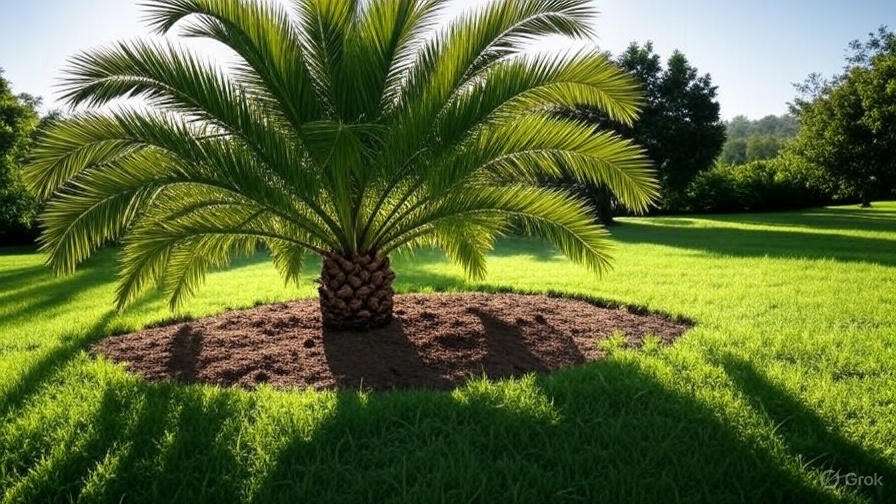 A tall palm tree stands alone in the center of a lush green field under a clear blue sky.