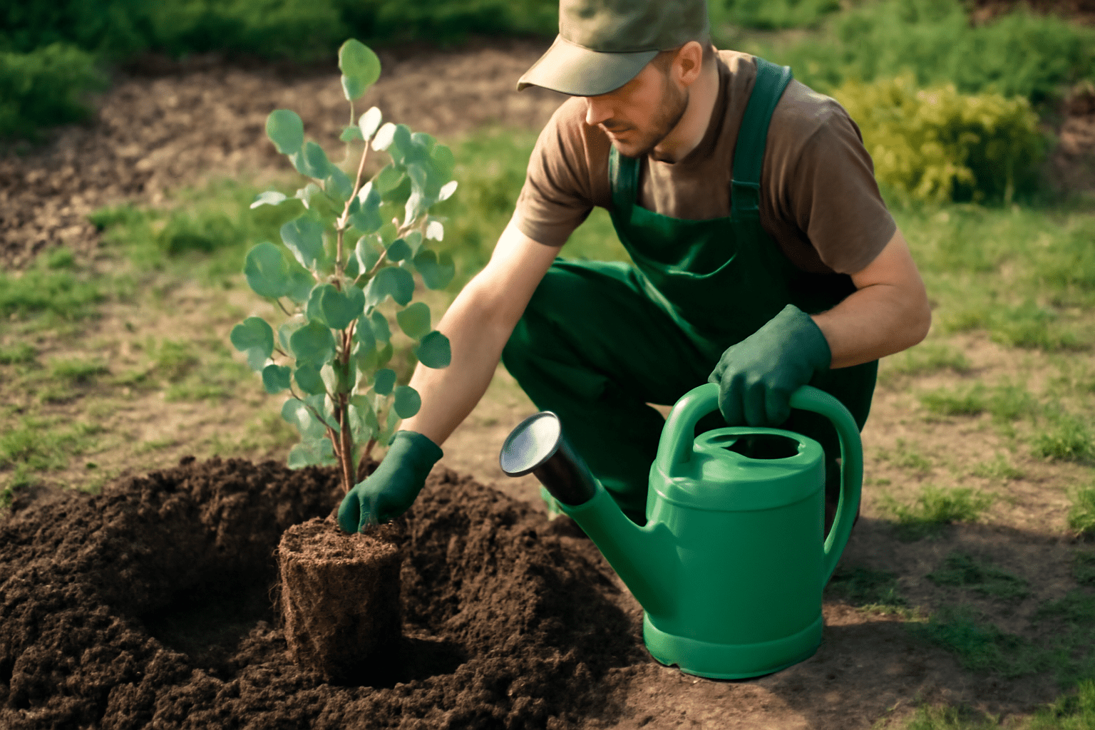 A man in green overalls waters a young tree with a watering can in a garden setting.