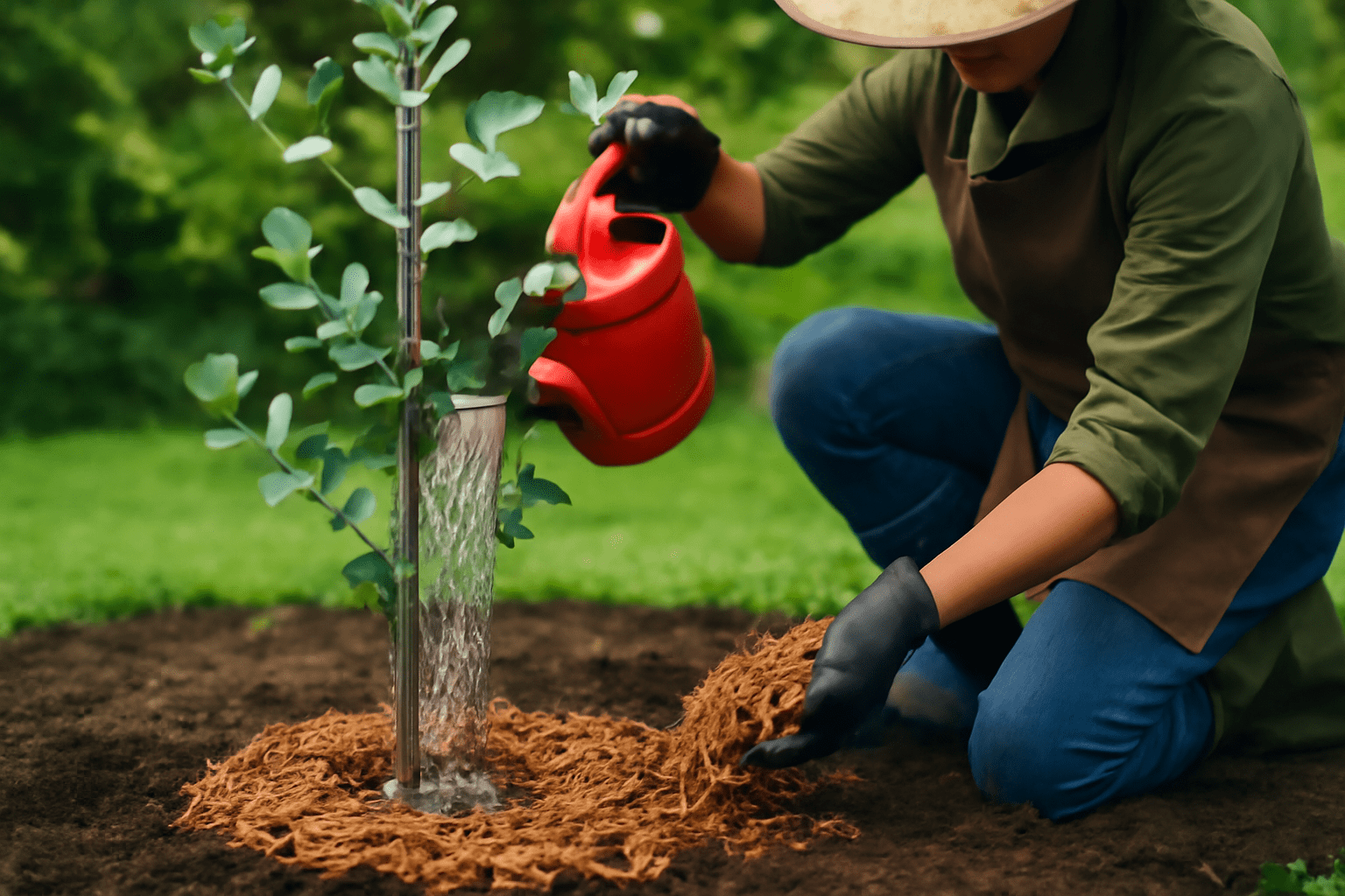A woman wearing a hat waters a young tree with a watering can in a sunny outdoor setting. 