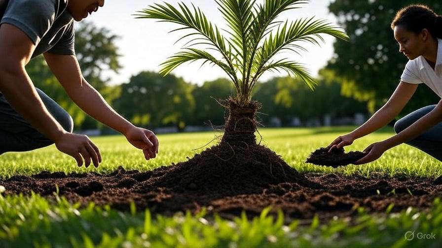 Two individuals are planting a palm tree in the grass, demonstrating teamwork in landscaping efforts.