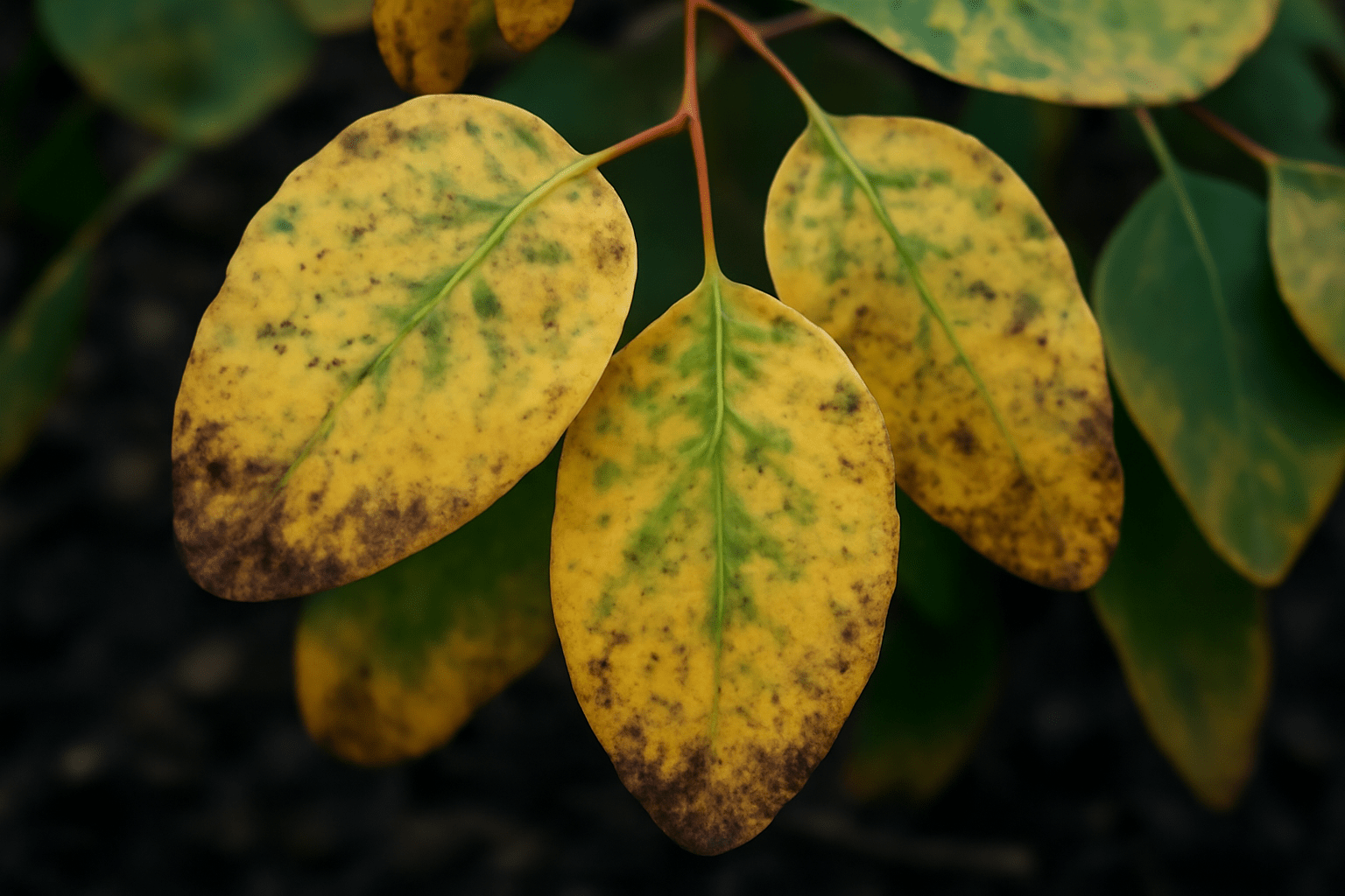 Close-up of a leaf displaying yellow and brown spots, highlighting its texture and color variations.