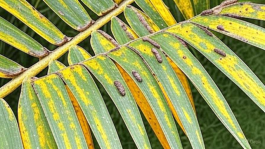 A close-up image of a palm leaf with distinct yellow and green stripes, showcasing its intricate patterns.