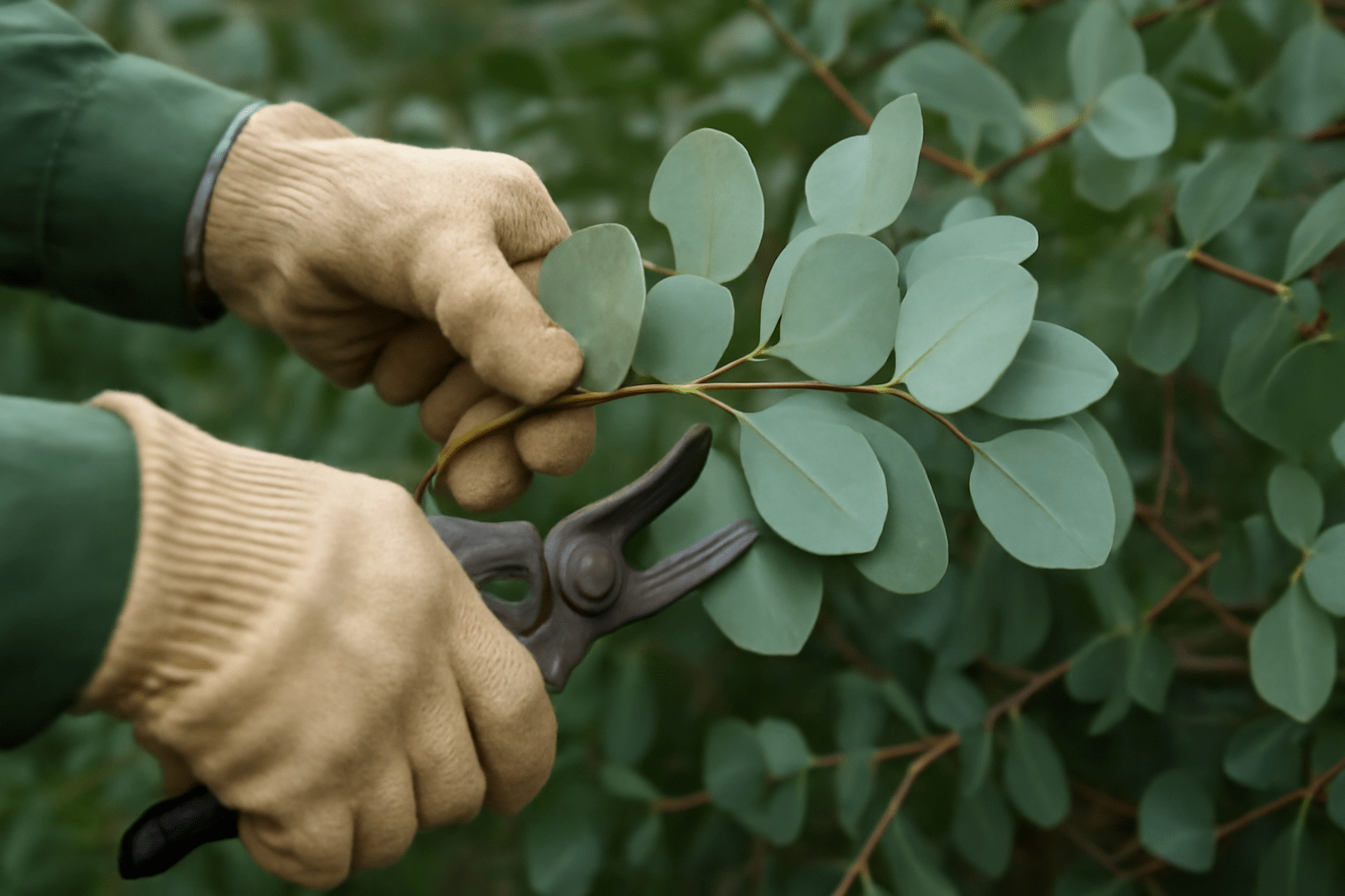 A person in gloves is cutting a branch with scissors, focusing on gardening tasks.