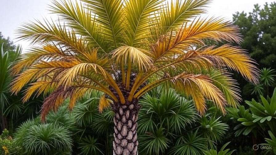 A palm tree with a combination of yellow and green leaves, showcasing a tropical aesthetic