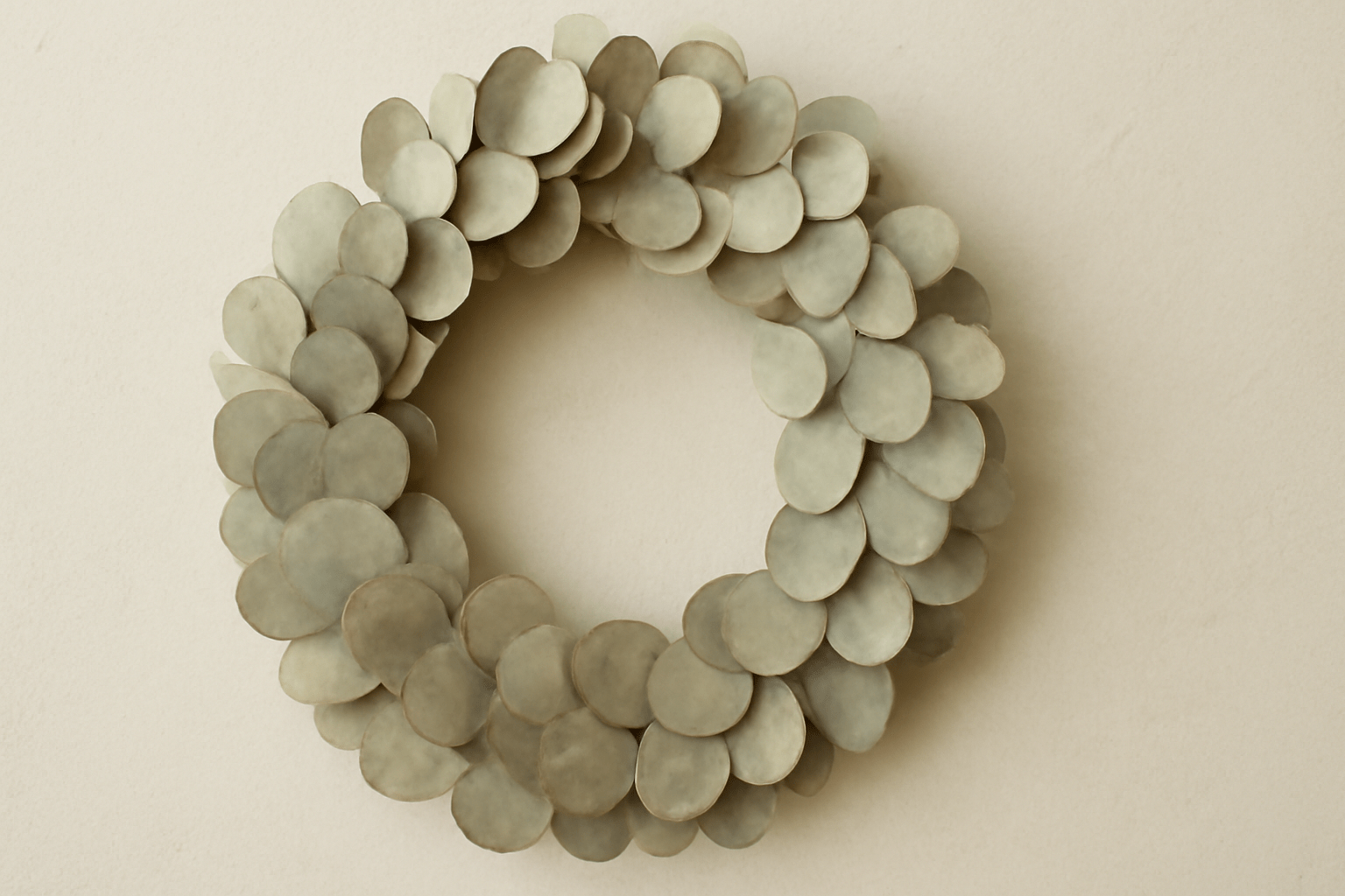  A decorative wreath composed of metal discs, mounted on a wall, showcasing a modern artistic design. 