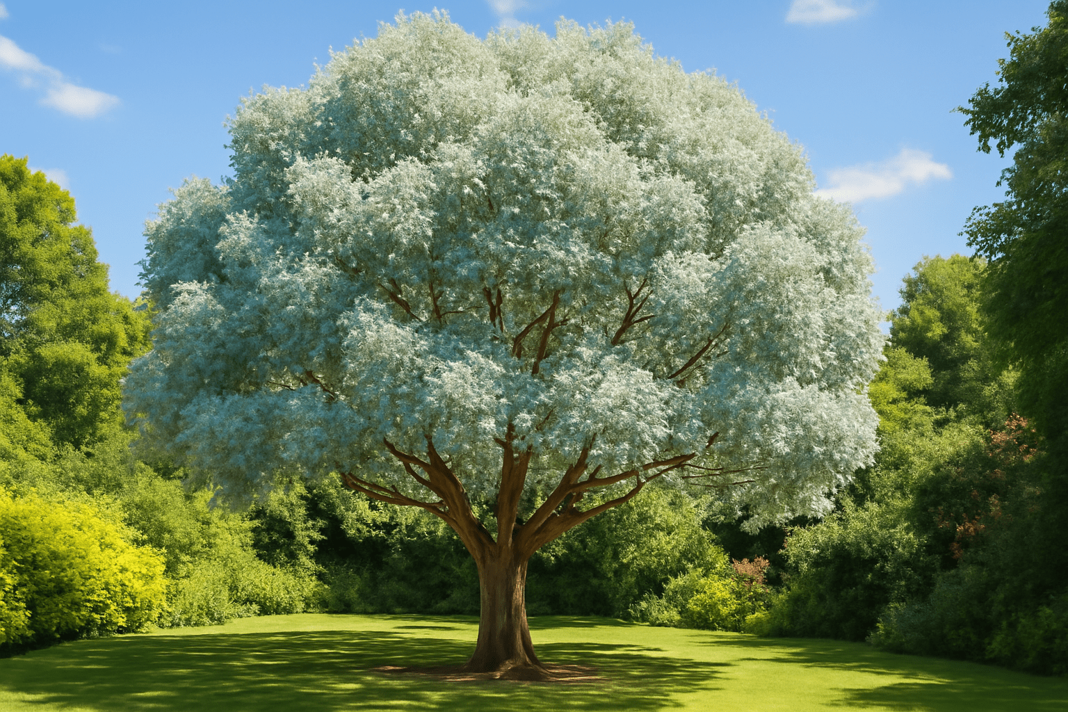 A majestic tree rises in a lush green field, surrounded by a serene landscape. 