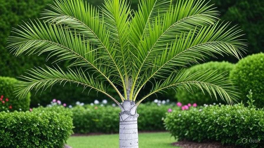 A tall palm tree surrounded by lush green bushes in a vibrant garden setting.
